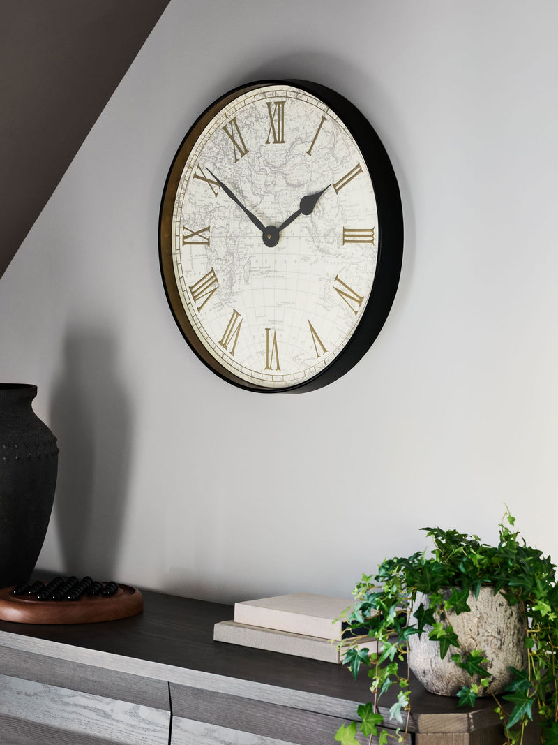Black map print wall clock 50cm - British product