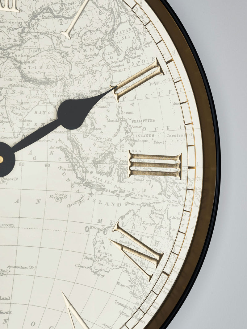Black map print wall clock 50cm - British product