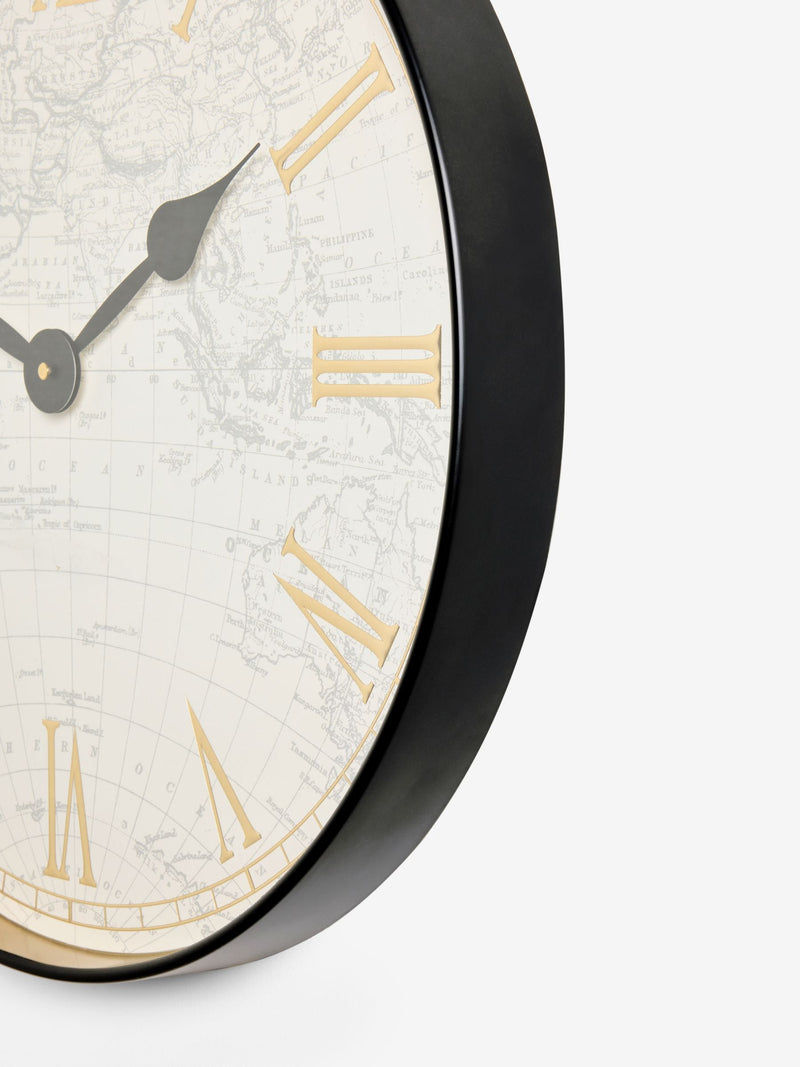 Black map print wall clock 50cm - British product