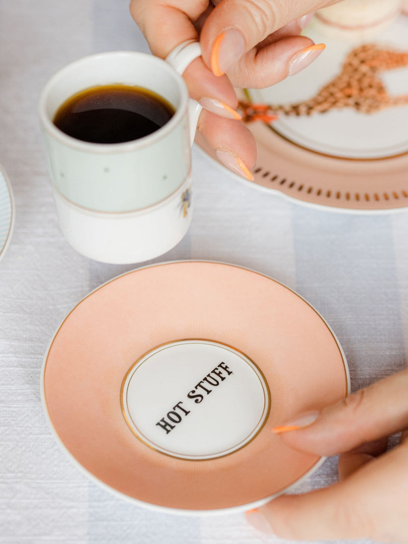 Yvonne Ellen multi slogan espresso cup and saucer set of 2 (British brand)