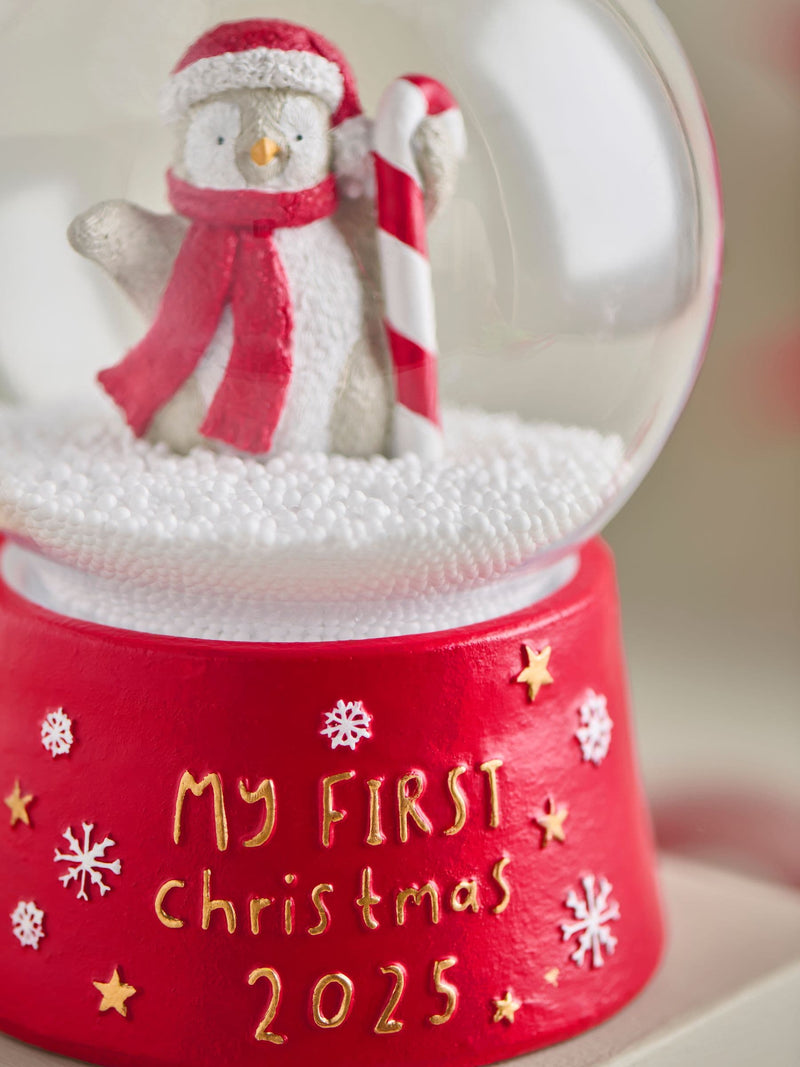 Red Penguin baby's first Christmas 2025 snow globe 17cm height, imported from the UK