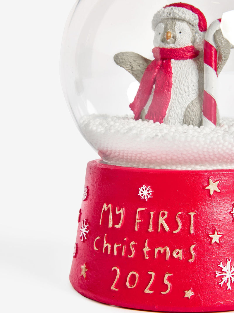 Red Penguin baby's first Christmas 2025 snow globe 17cm height, imported from the UK