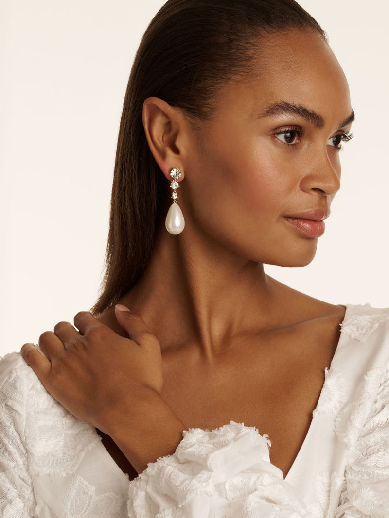 Ted Baker gold tone white crystal Pearsti statement bead drop earrings (British brand)