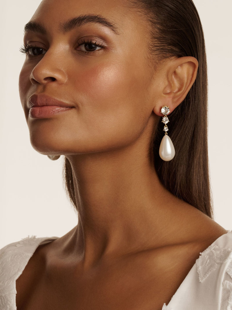 Ted Baker gold tone white crystal Pearsti statement bead drop earrings (British brand)