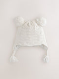 White knitted baby trapper hat double pom, imported from the UK