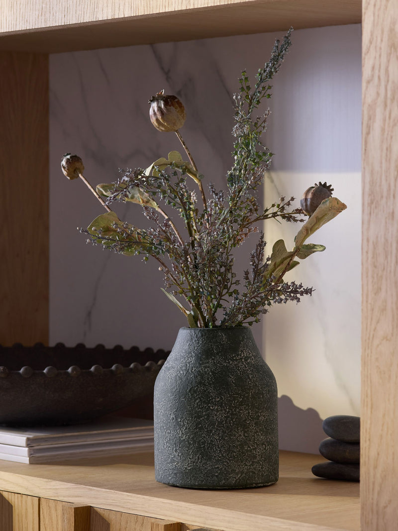 Artificial dried seed pod arrangement in stone-effect vase 45cm height, imported from the UK