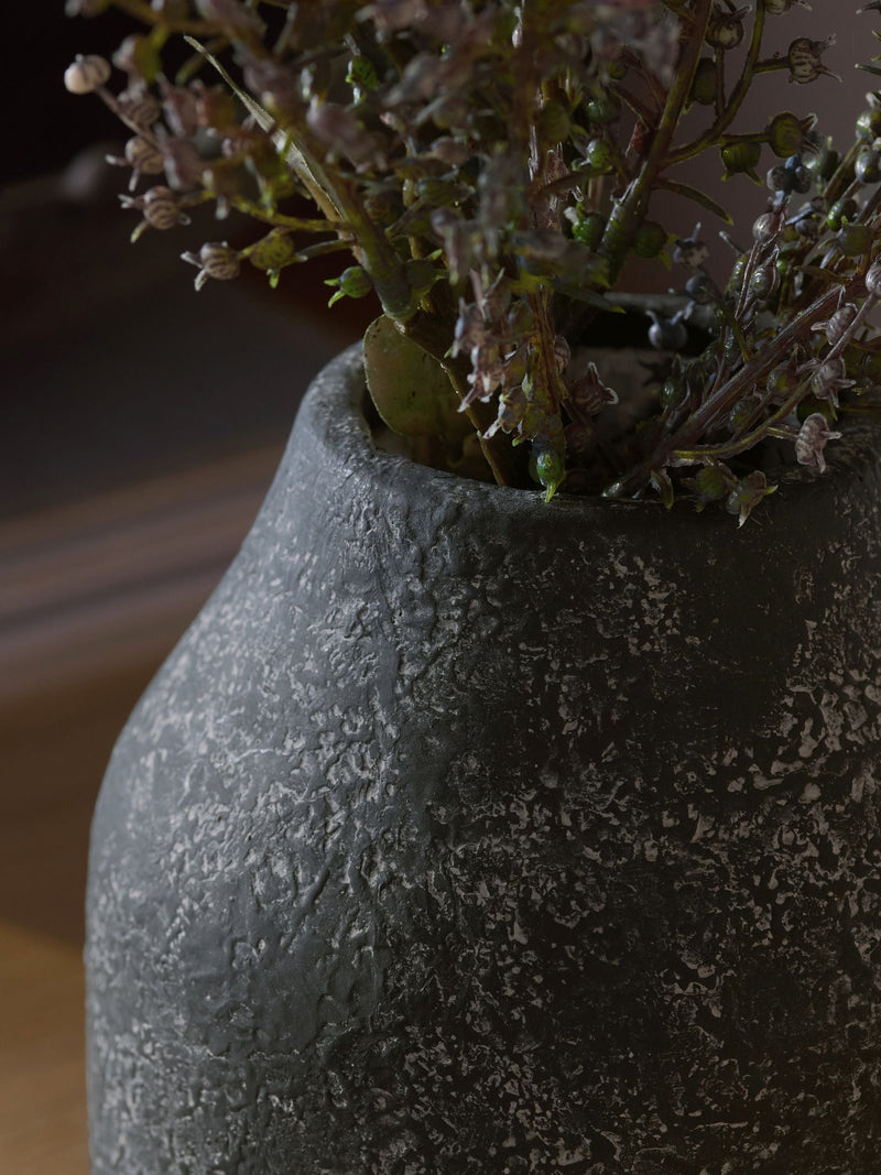 Artificial dried seed pod arrangement in stone-effect vase 45cm height, imported from the UK