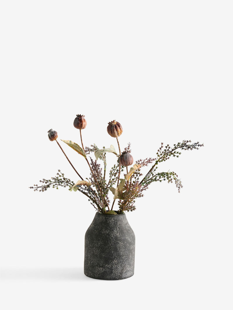 Artificial dried seed pod arrangement in stone-effect vase 45cm height, imported from the UK