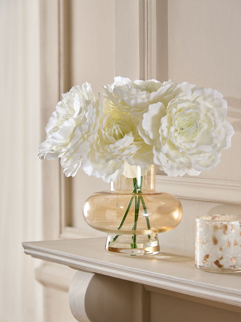 White Blousy Artificial Peonies in Gold Glass Vase 30x20x20cm (British brand)