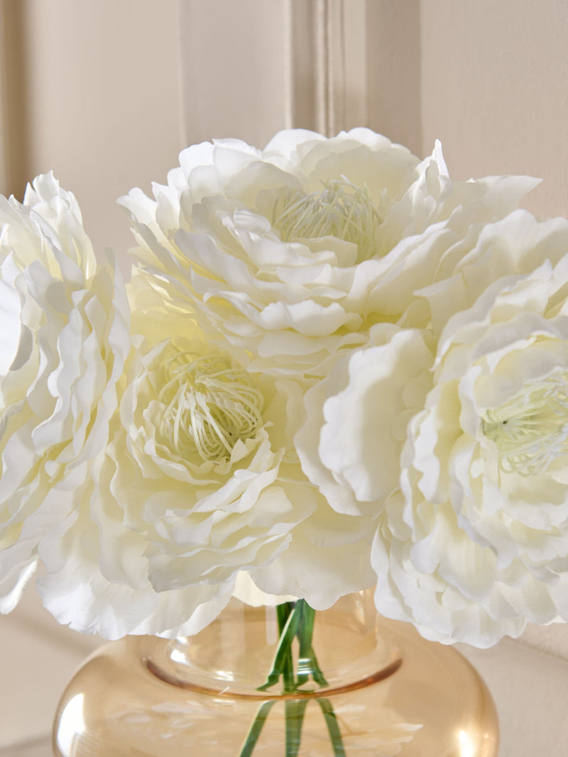 White Blousy Artificial Peonies in Gold Glass Vase 30x20x20cm (British brand)