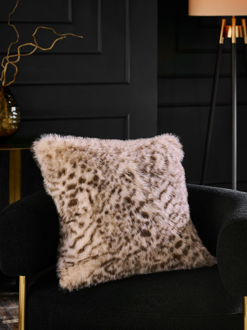 Snow leopard print faux fur cushion 50x50cm (British brand)
