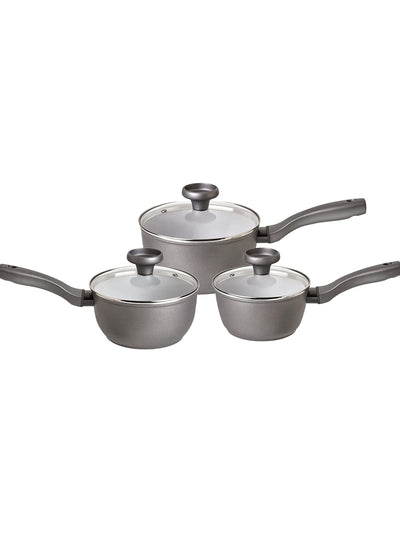Next Prestige 3-Piece Grey Earthpan Aluminium Ceramic Non-Stick Saucepan Set with Lids- Buy online at McGrocer