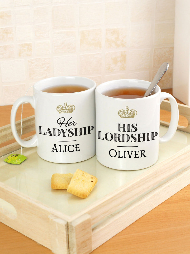 PMC personalised ladyship and lordship ceramic mug set, imported from the UK