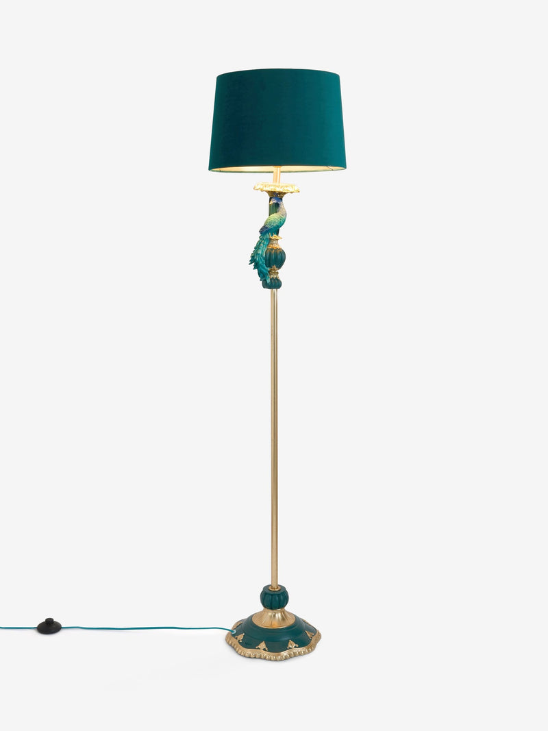 Turkis påfuglgulvlampe med gullstativ, importert fra Storbritannia