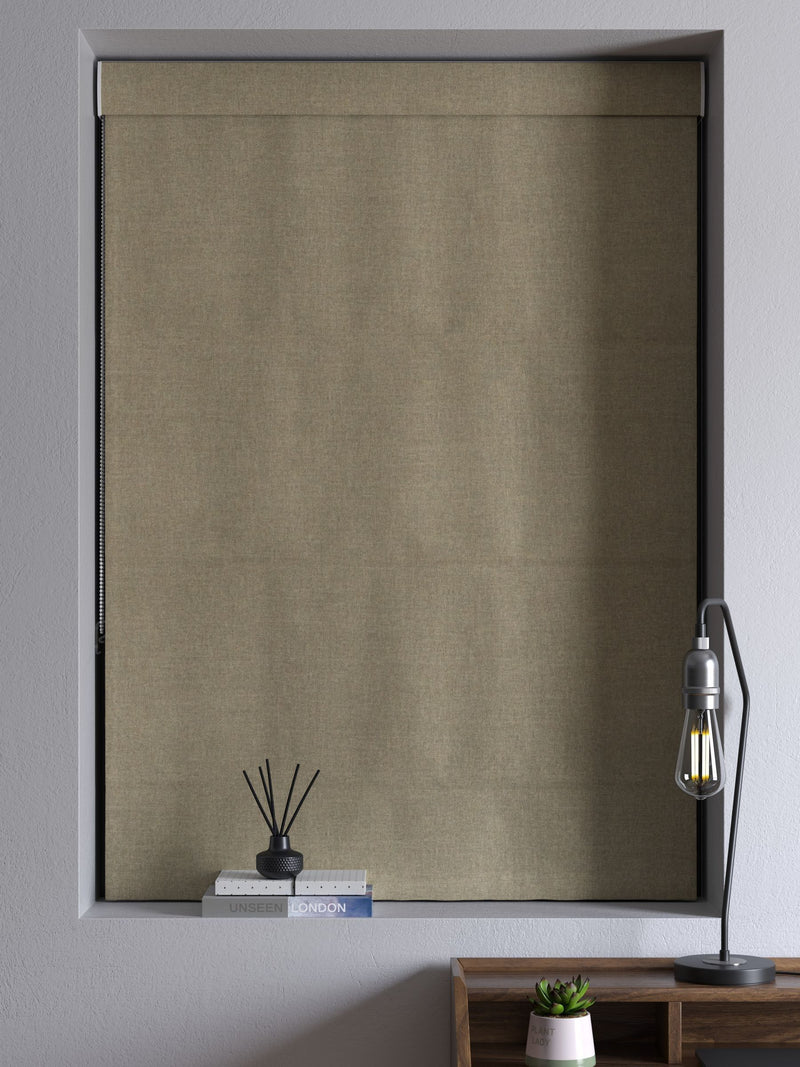 Khaki green matte chenille roman blind, imported from the UK