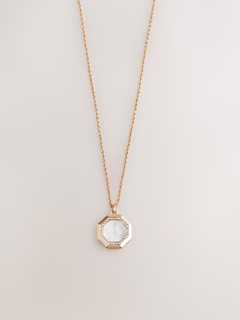 Gold tone mother of pearl octagon necklace, UK version