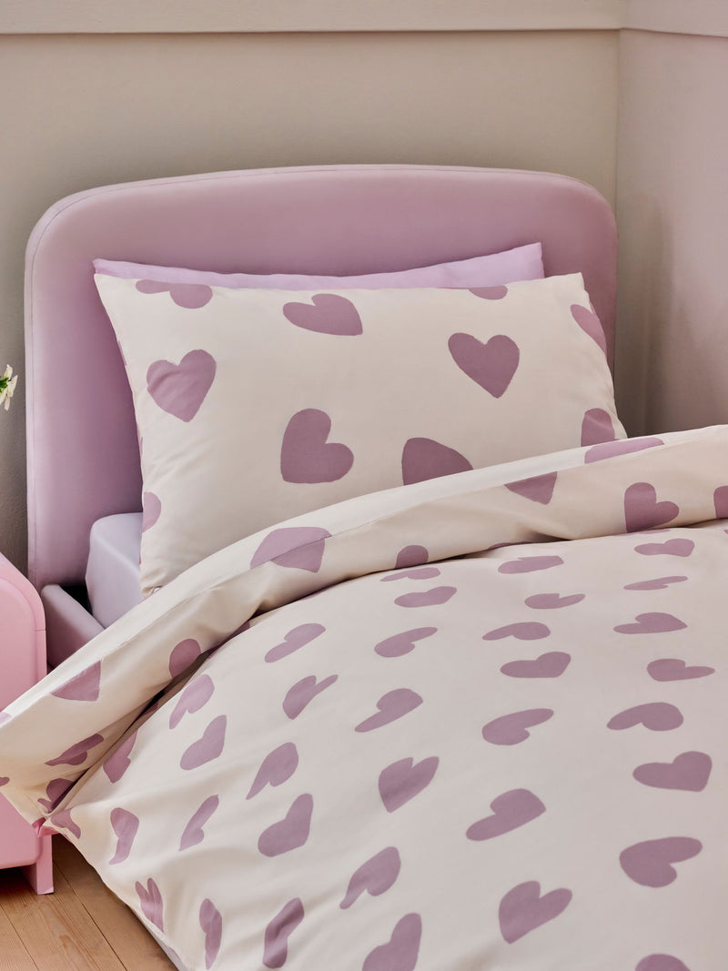 White purple hearts duvet cover and pillowcase set (British brand)