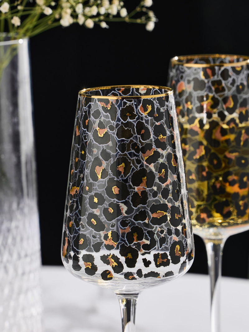 Set of 4 Black Leopard Print Wine Glasses