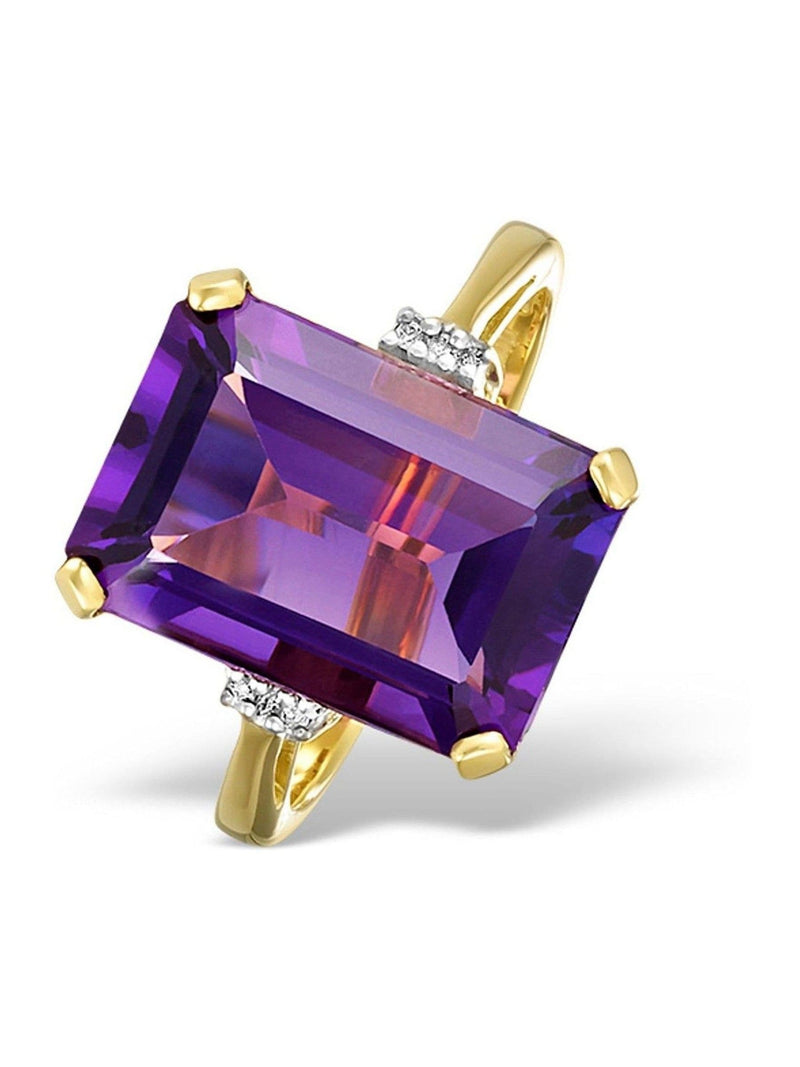 The Diamond Store yellow gold ring with amethyst and diamonds 14mm width, imported from the UK