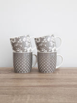 Next Kitchencraft Set of 4 Grey Floral Polka Dot Ceramic Coffee Mugs 425ml- Buy online at McGrocer