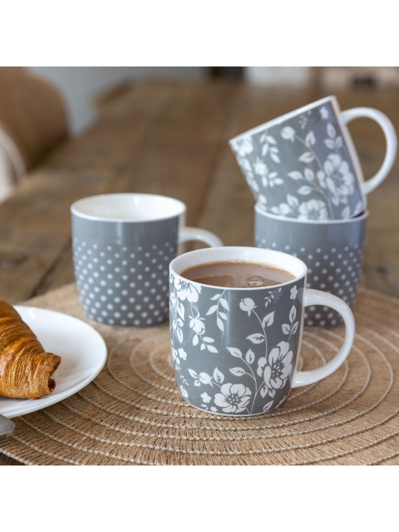 Kitchencraft grey floral polka dot ceramic mugs 425ml, UK version