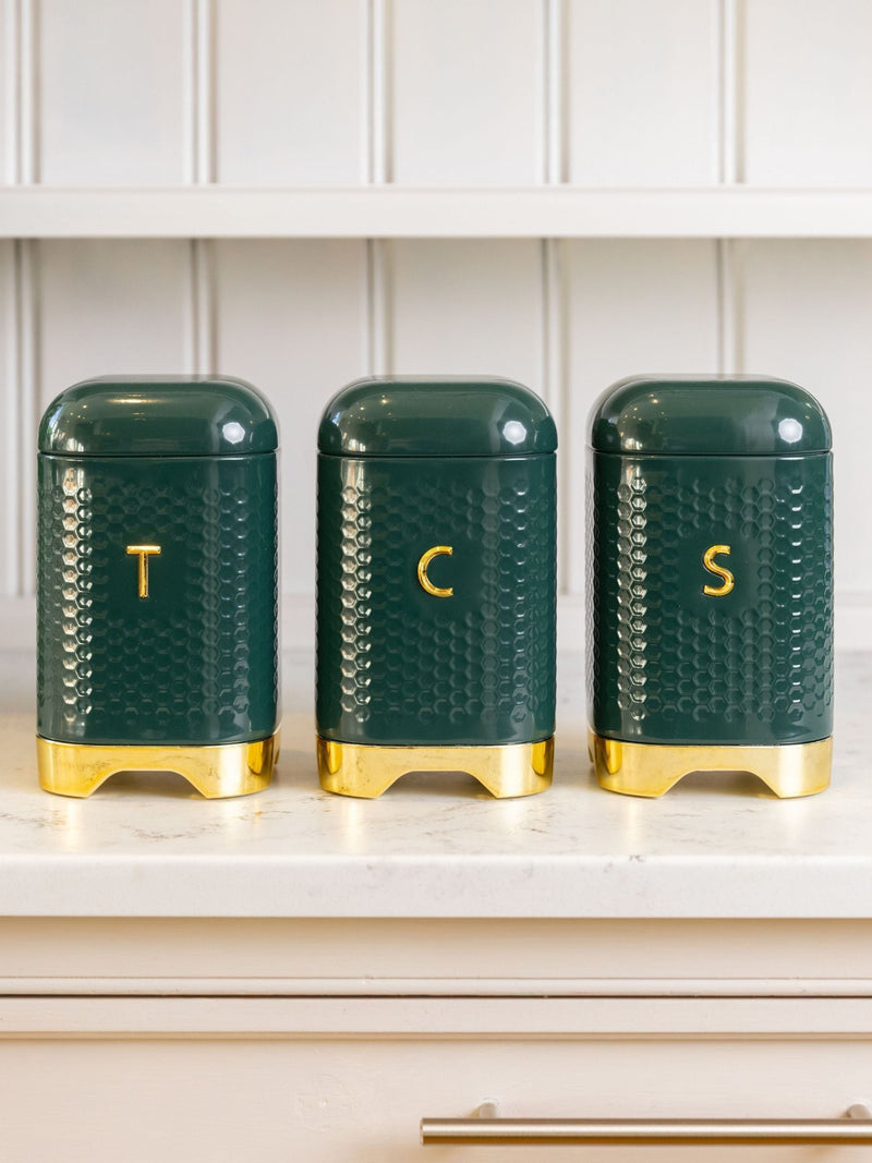 Kitchencraft green textured geometric tea coffee sugar canisters set, UK version