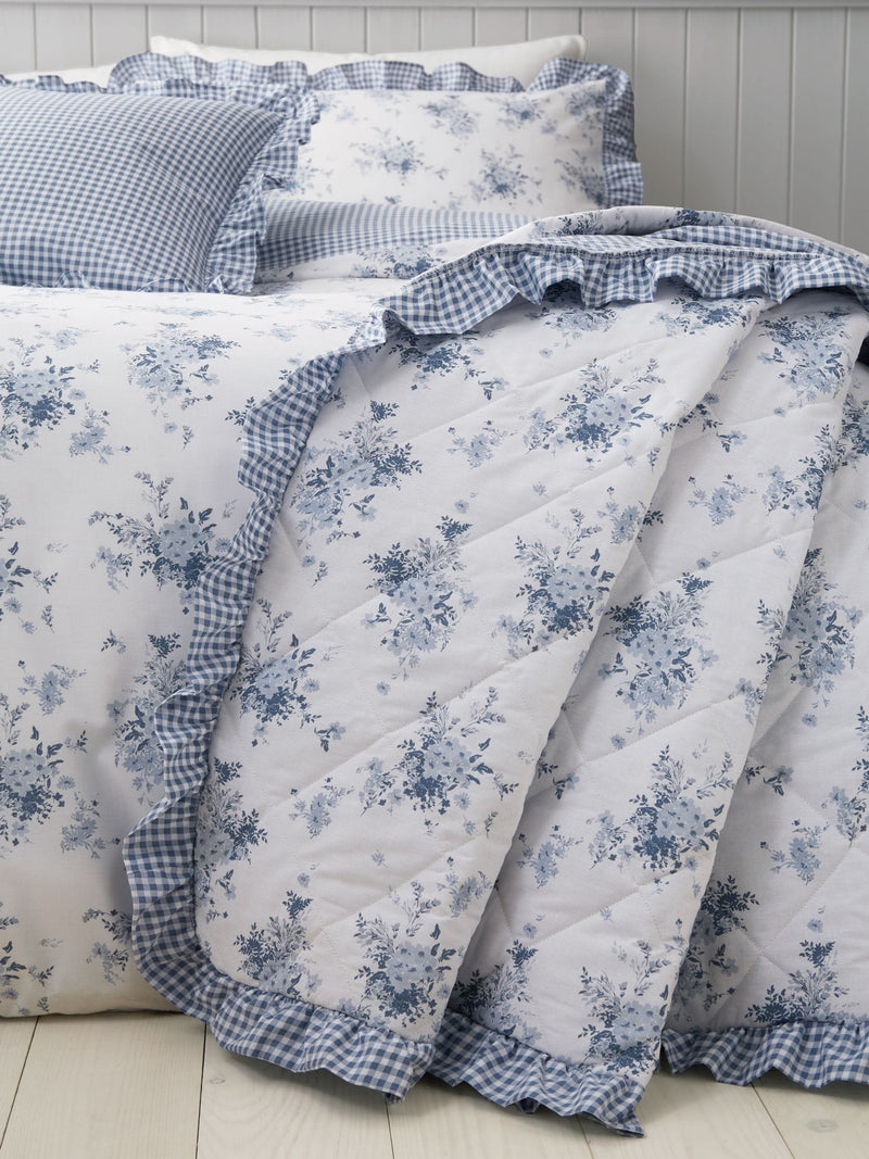 Catherine Lansfield blue floral frill reversible bedspread 220x230cm, imported from the UK