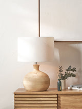 Next Pacific Lifestyle Natural Kiah Mango Wood Round Table Lamp with Linen Shade- Buy online at McGrocer