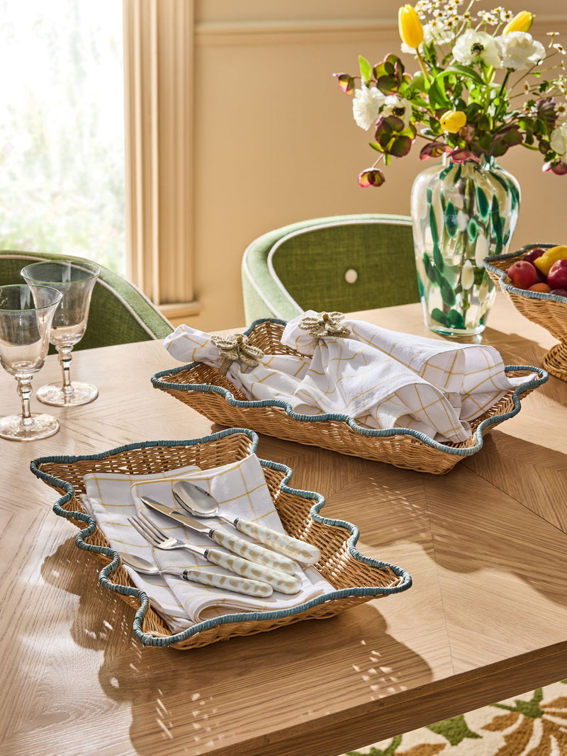 Nina Campbell natural teal rattan trays set of 2, imported from the UK