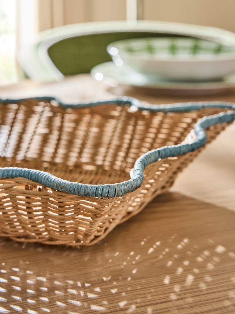 Nina Campbell natural teal rattan trays set of 2, imported from the UK