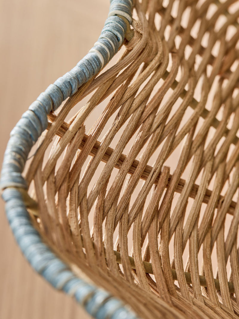Nina Campbell natural teal rattan scalloped edge footed bowl 37.5cm, UK version