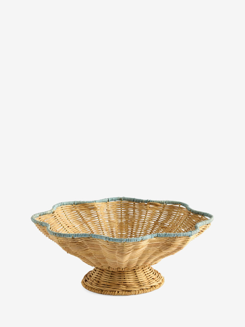 Nina Campbell natural teal rattan scalloped edge footed bowl 37.5cm, UK version