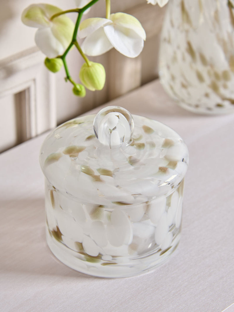 White and gold glass confetti trinket pot with lid 12.5cm (British brand)