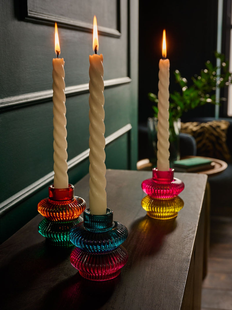 Glass tea light and taper candle holders in multicolour (British brand)
