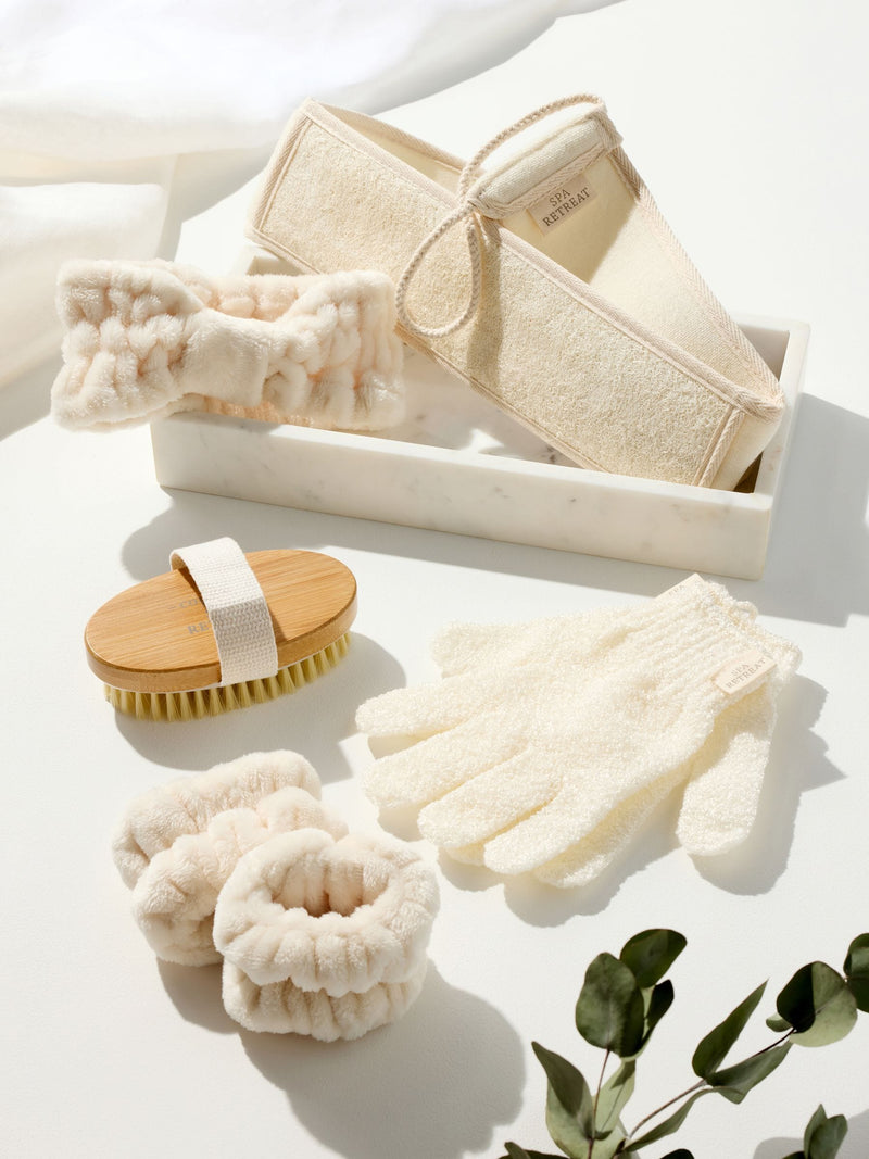 Spa Retreat wellness routine set with body brush and exfoliating gloves (British brand)