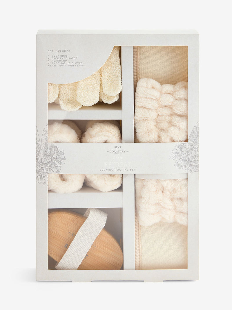 Spa Retreat wellness routine set with body brush and exfoliating gloves (British brand)