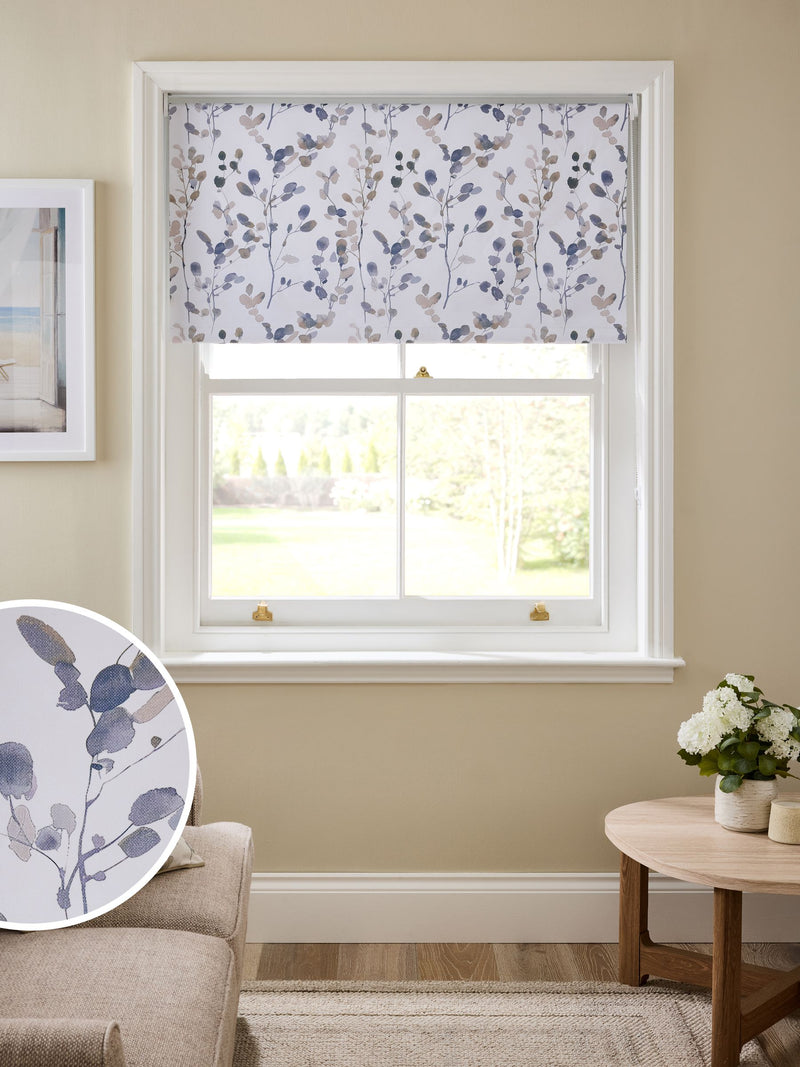Honesty Leaf blackout roller blind natural blue, UK version