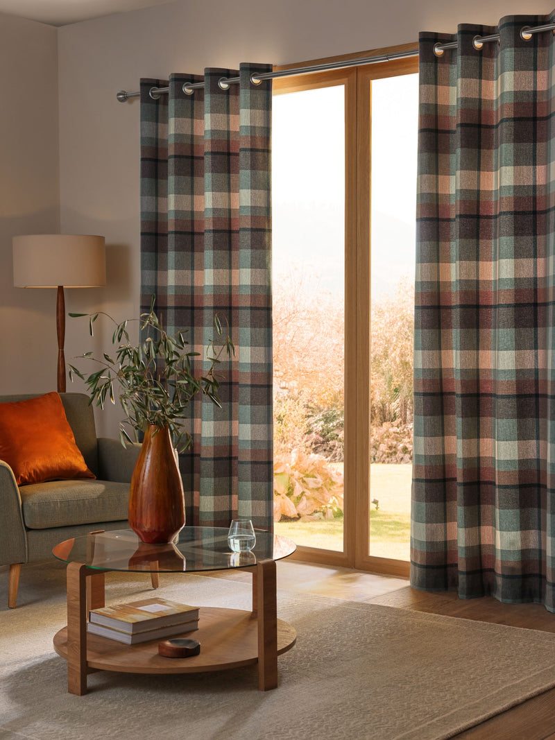 Teal blue brushed check curtains, UK version
