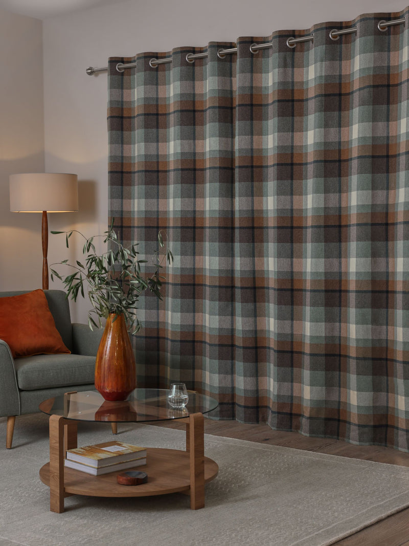 Teal blue brushed check curtains, UK version