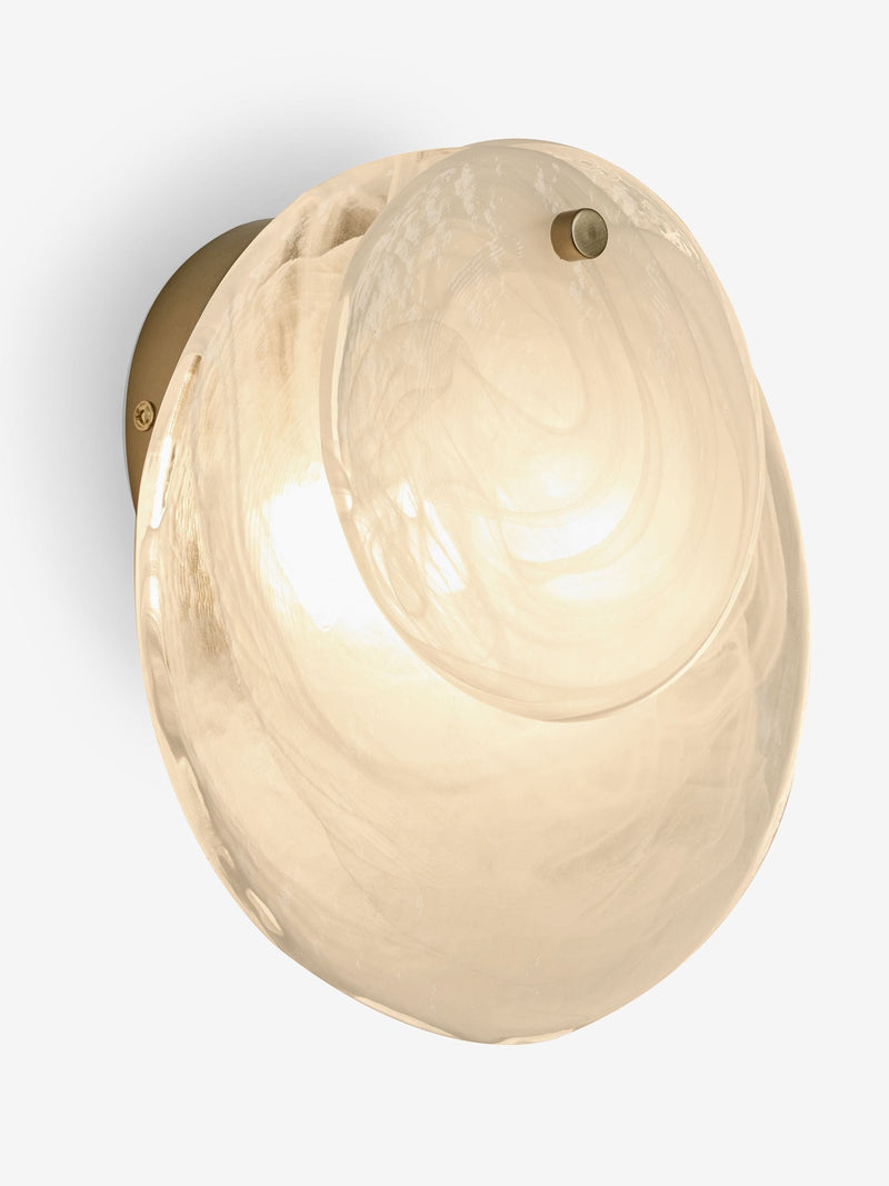 White Claremont wall light with brushed brass and opaque glass discs, imported from the UK