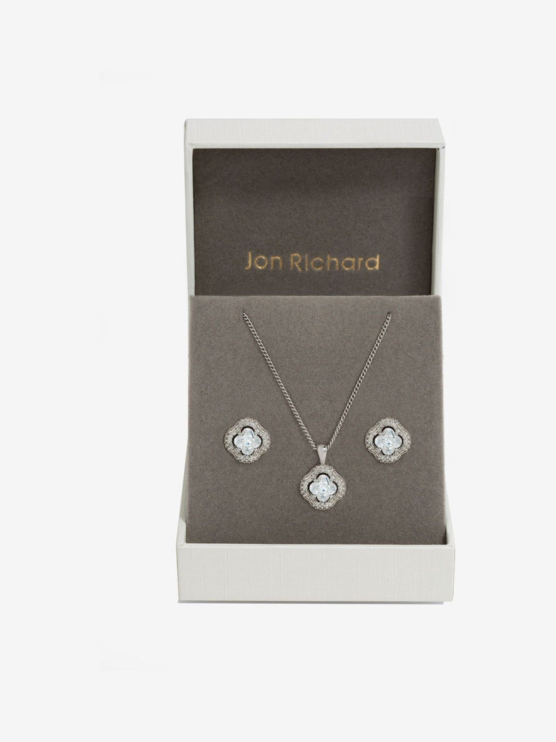 Jon Richard silver tone cubic zirconia clover jewellery set, UK version
