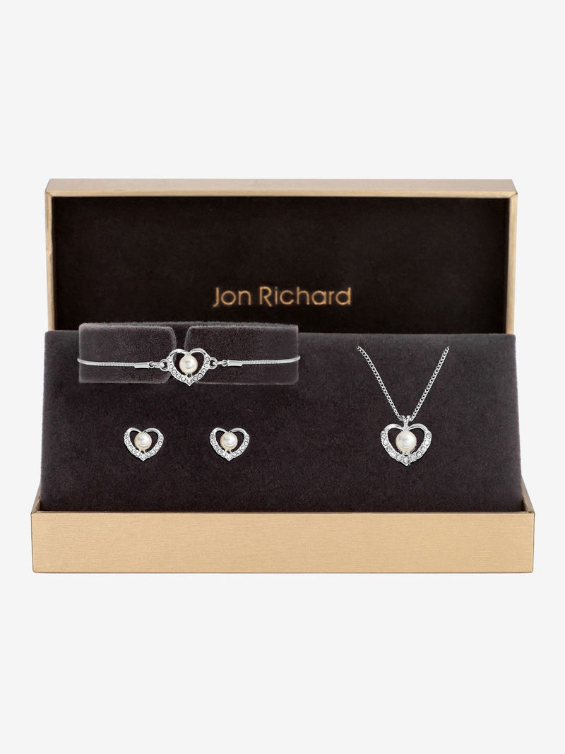 Jon Richard silver tone pearl crystal heart trio jewellery set, UK version