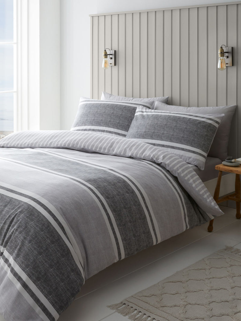Catherine Lansfield charcoal textured banded stripe reversible duvet cover set - British product
