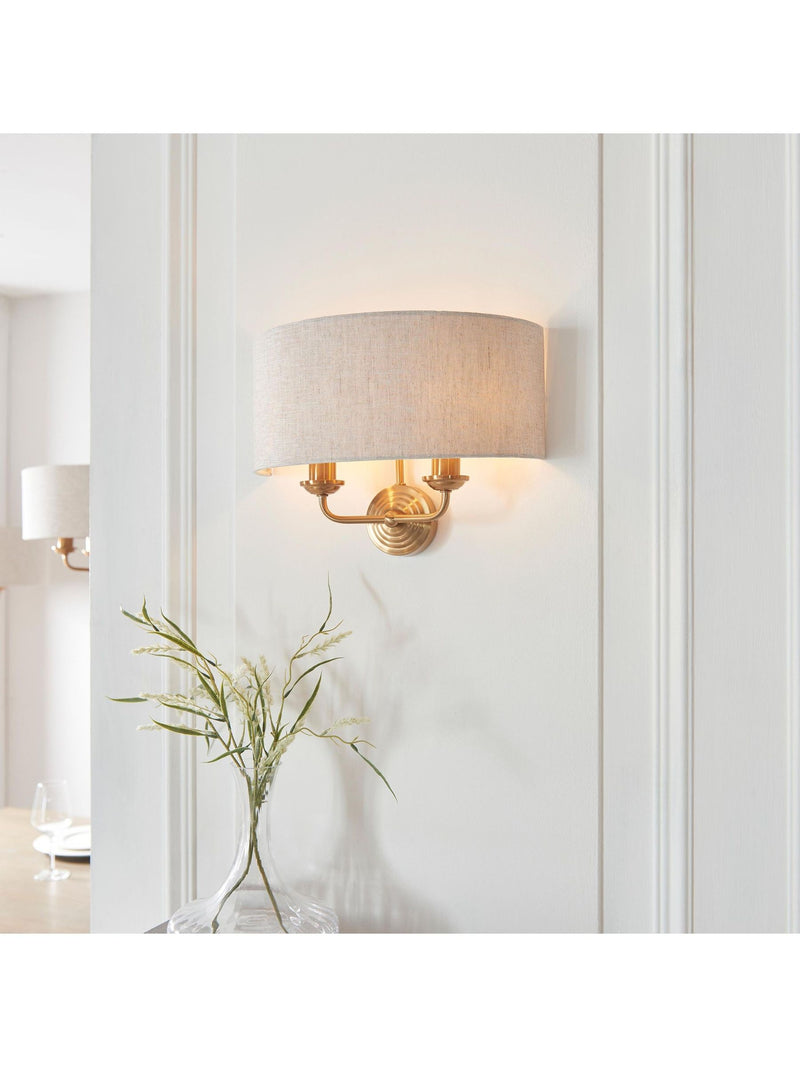 Gallery Home Vintage Brass Highclere Wall Light with linen shade, UK version