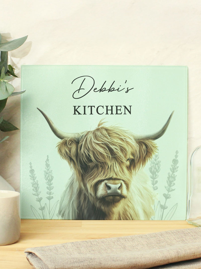 PMC Highland Cow glass chopping board, imported from the UK