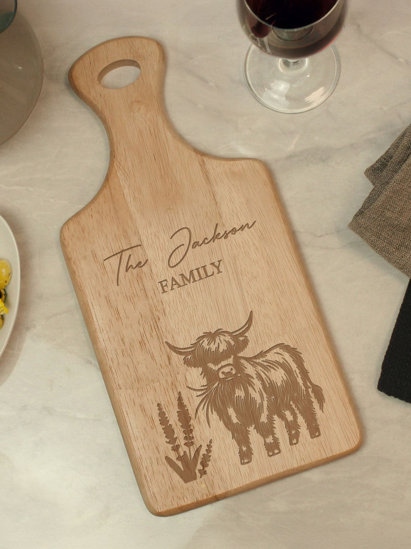 PMC personalised Highland cow chopping board 34cm x 16cm, imported from the UK