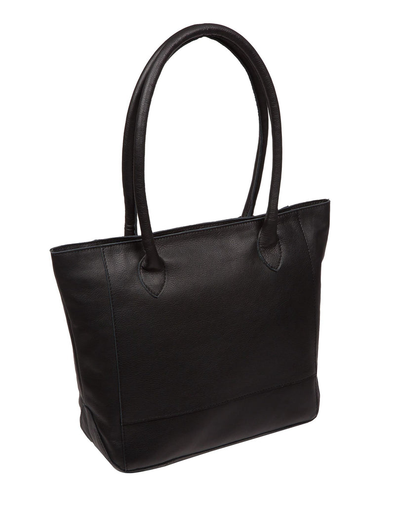 Cultured London black leather Sabine tote bag, imported from the UK