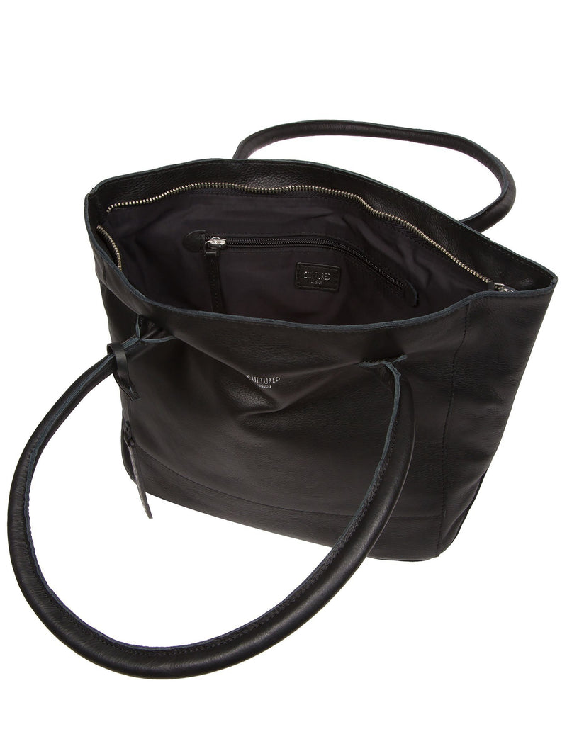 Cultured London black leather Sabine tote bag, imported from the UK