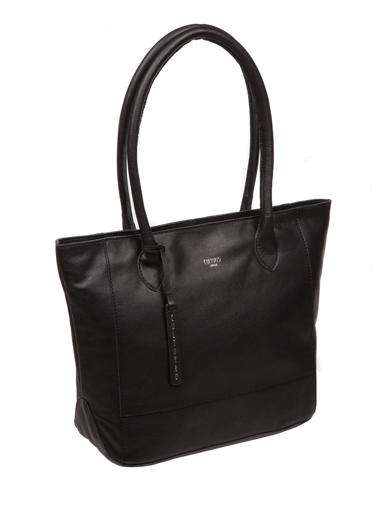 Cultured London black leather Sabine tote bag, imported from the UK