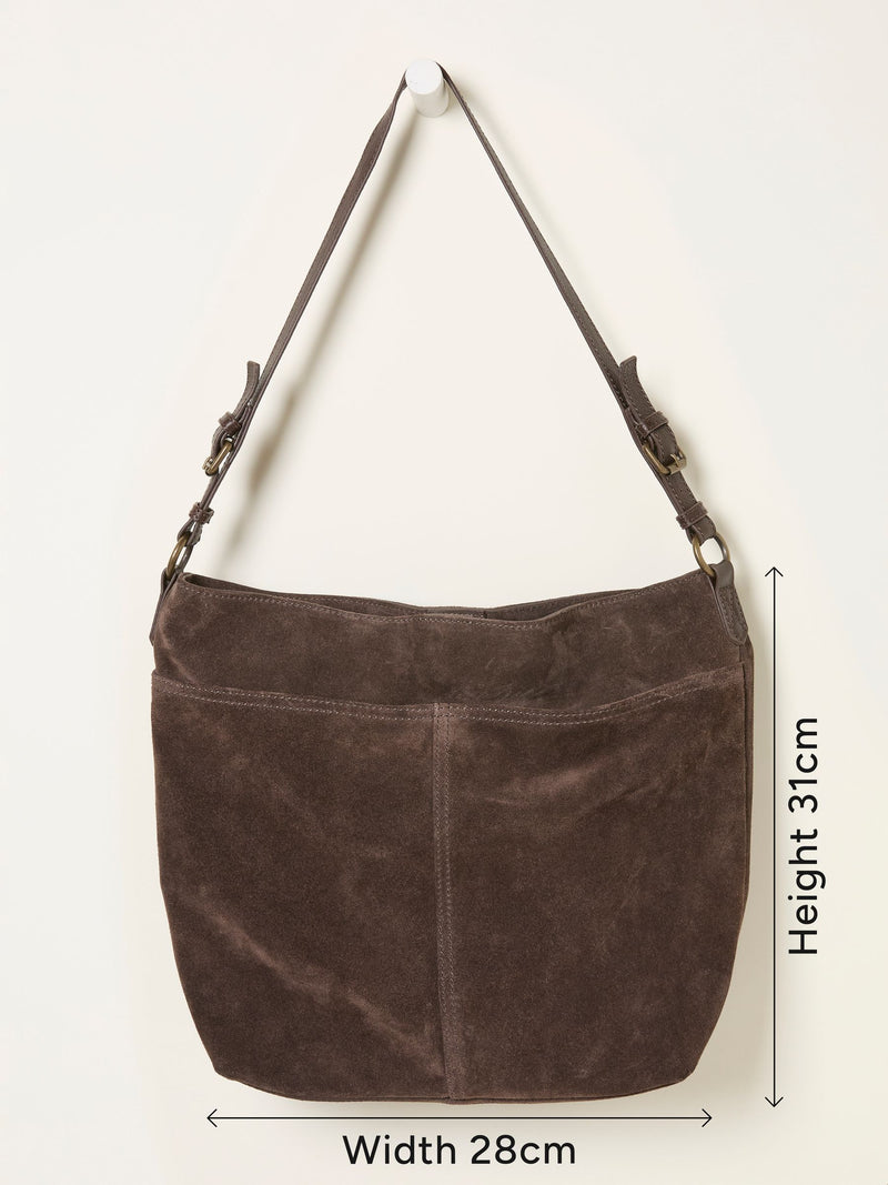 FatFace shoulder bag chocolate brown suede, imported from the UK